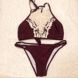 Maroon bikini with lace detail